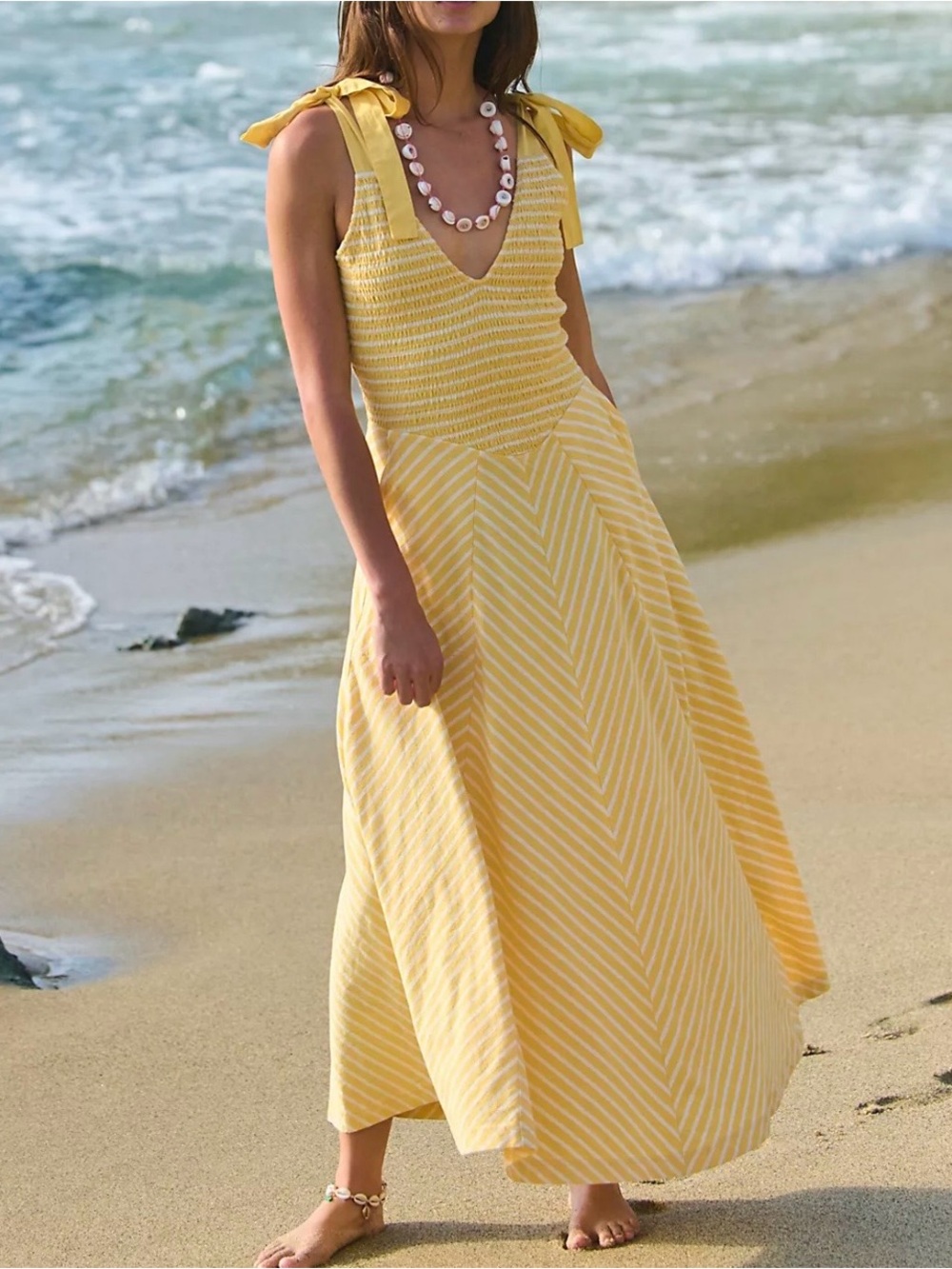 Smocked V-Neck Yellow Stripe Maxi Dress with Tie Shoulders. Free people